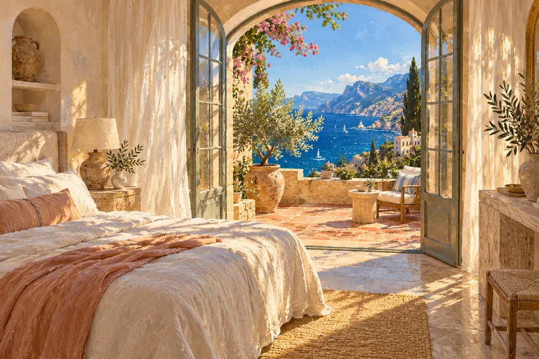 Illustration of a boutique hotel room opening onto a sea-view terrace