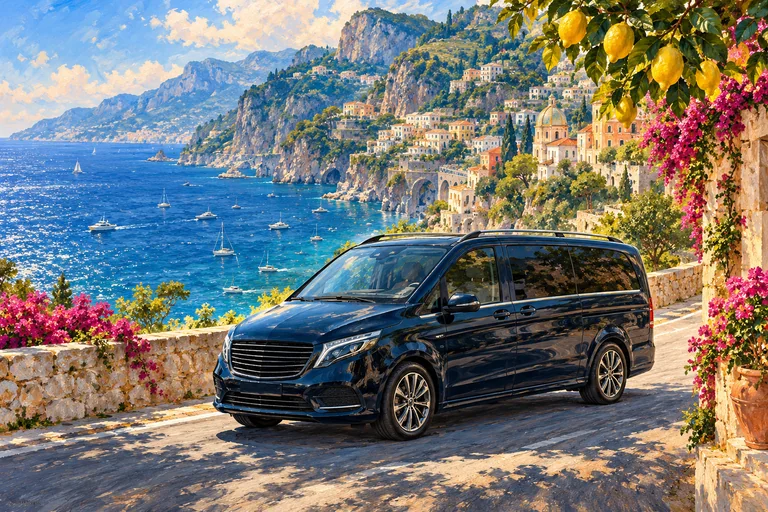 Illustration of a private passenger van on a Mediterranean coastal road
