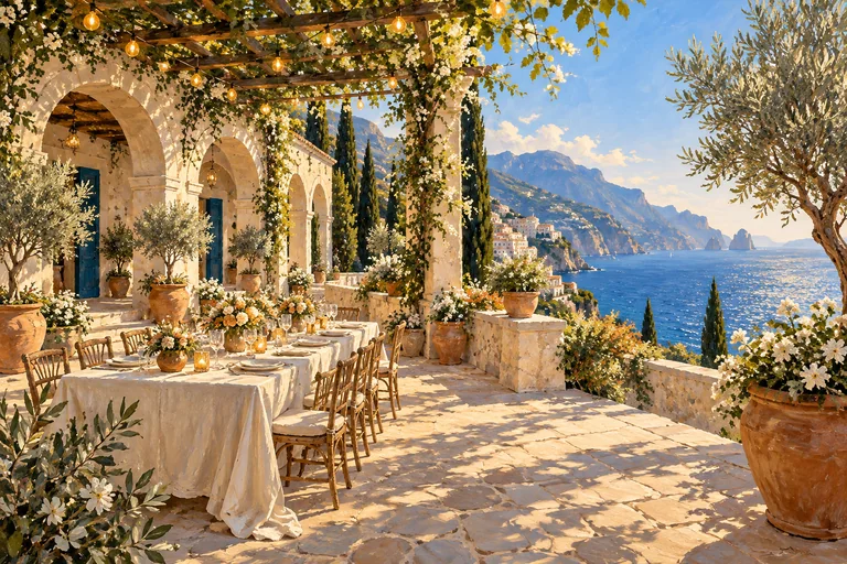 Illustration of a Mediterranean villa courtyard set for an intimate event