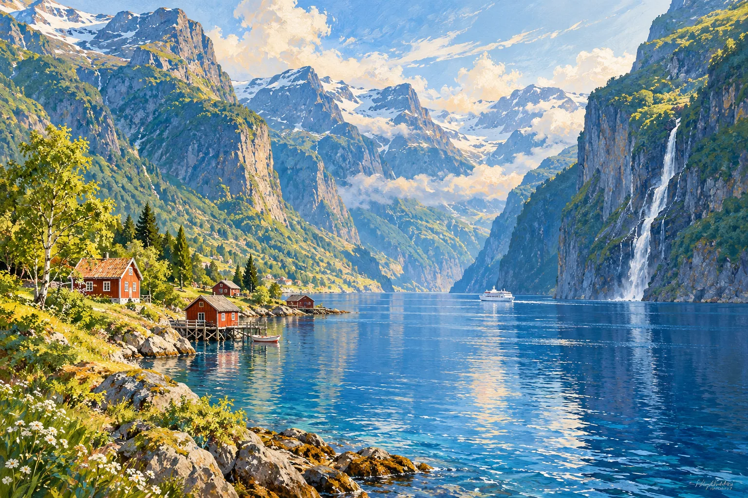 Original illustration of a quiet Norwegian fjord