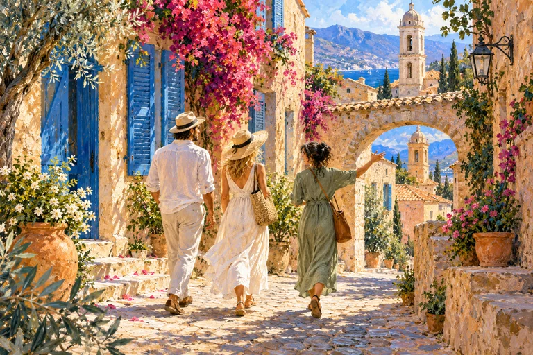 Illustration of a local guide showing two guests around a Mediterranean old town
