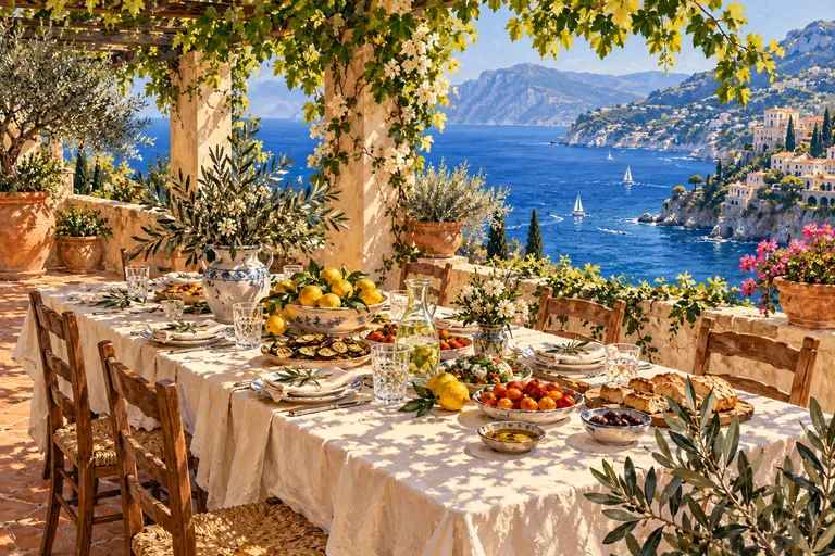 Illustration of a Mediterranean lunch beneath a vine-covered pergola